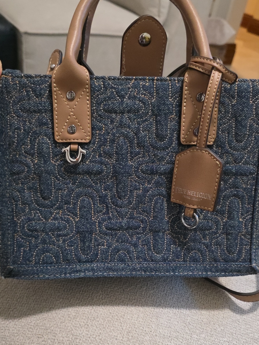 True Religion Blue Denim Satchel with Brown Leather Trim